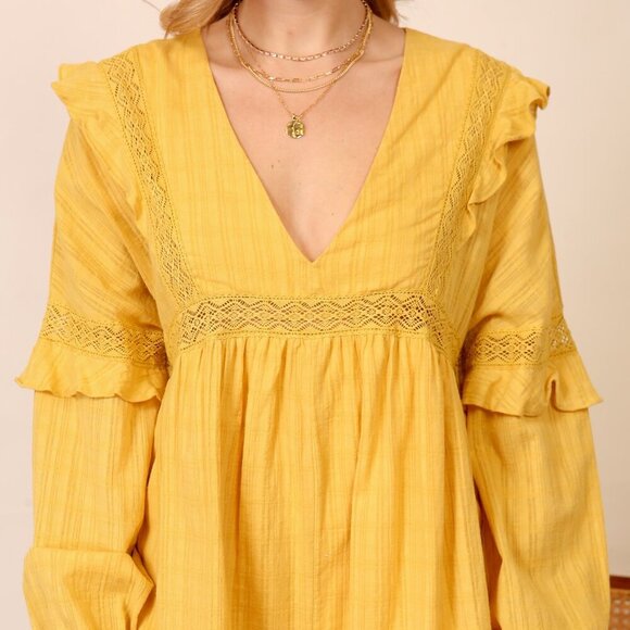 LUMIERE Gold Long Sleeve Romper with Ruffle Details, Boho Chic - Picture 9 of 9